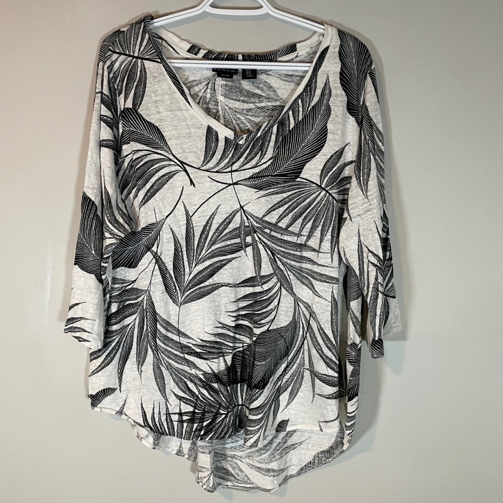 Tahari‎ Women 1X Linen Tropical Palm Print V-Neck 3/4 Sleeve Top Black White